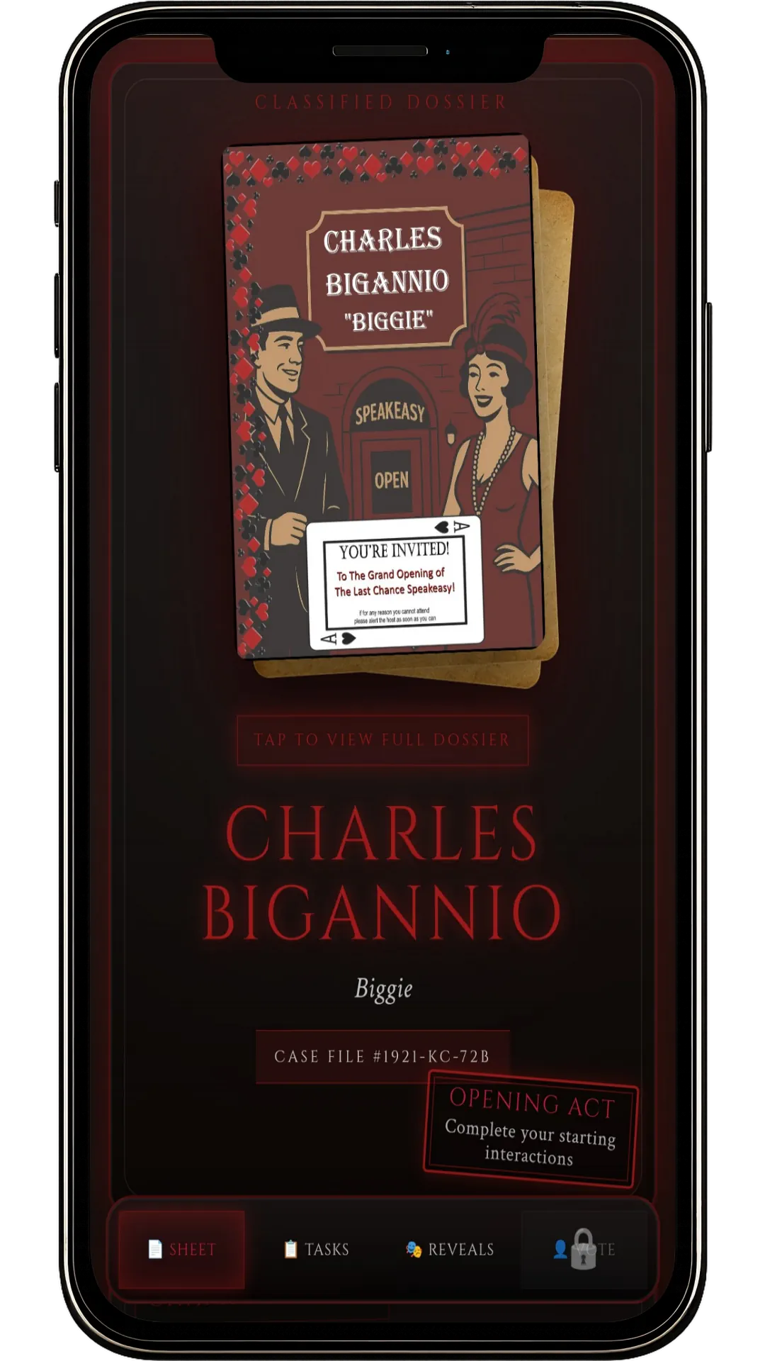 Mobile character dashboard showing a player's role and objectives
