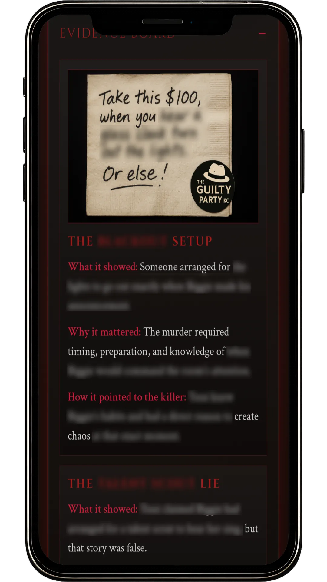 Mobile evidence screen used during a Guilty Party mystery