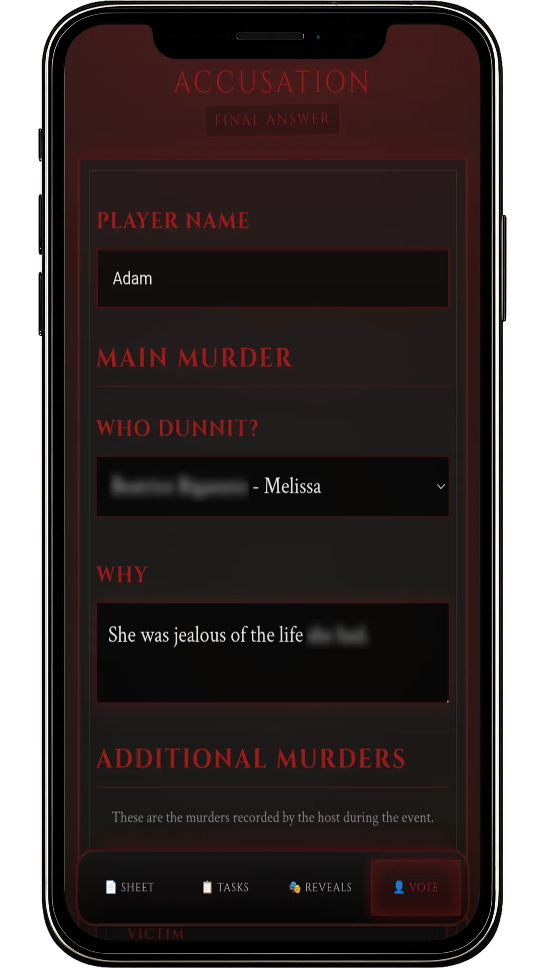 Mobile voting screen used to accuse a suspect